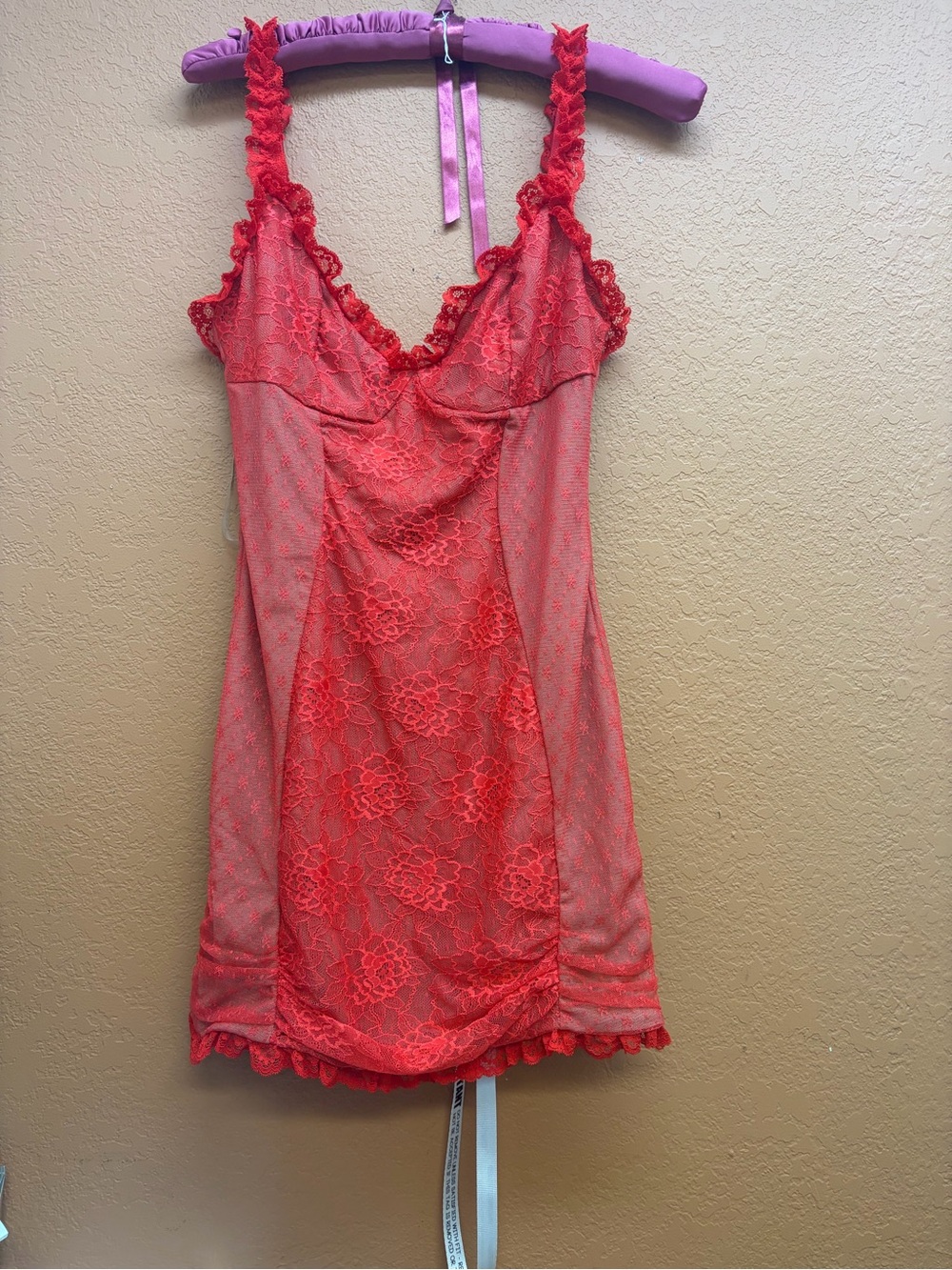 Red Lace Mini Slip Dress with Ruffled Straps